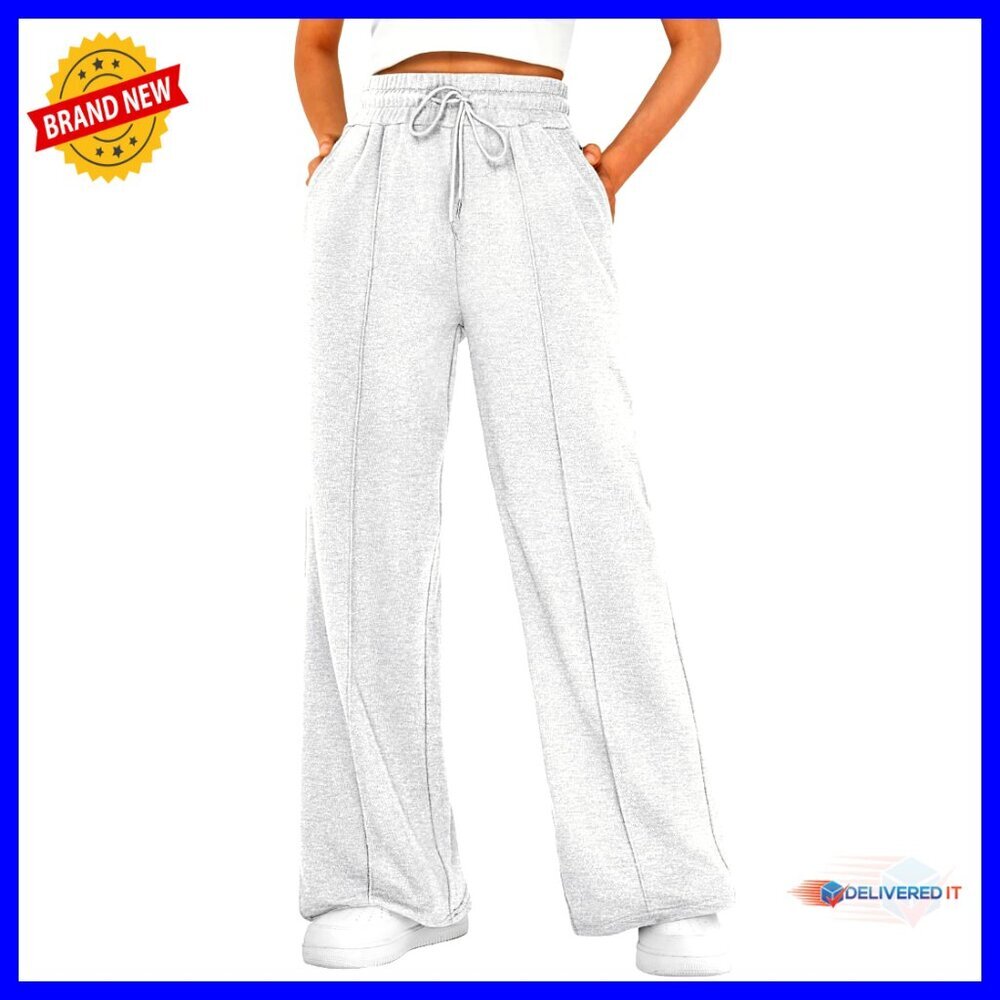 Wide Leg Sweatpants, Drawstring Waist, Pockets, Cotton Polyester Blend